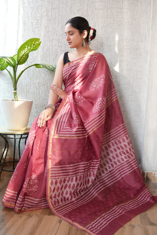 Bagru Hand Block Printed Chanderi Silk Saree with Blouse (CSS100)
