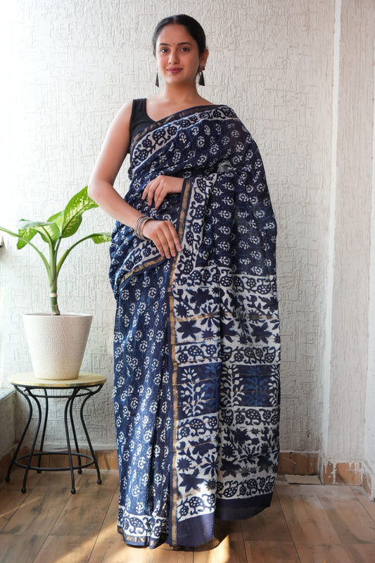 Bagru Hand Block Printed Chanderi Silk Saree with Blouse (CSS102)