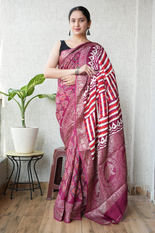 AJRAKH PRINTED PURE DOLA SILK SAREE WITH BLOUSE (MS42)
