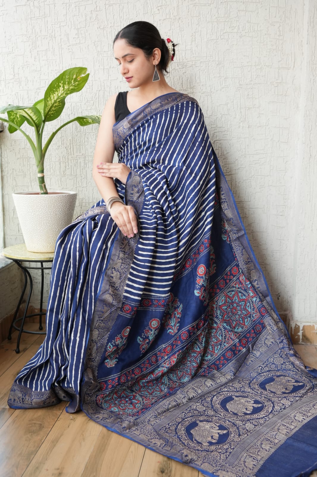 AJRAKH PRINTED PURE DOLA SILK SAREE WITH BLOUSE (MS43)
