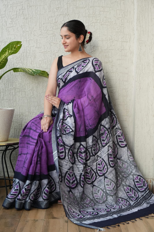 HAND BLOCK BLACK & WHITE PRINTED COTTON LINEN SAREE WITH BLOUSE  (LCS138)