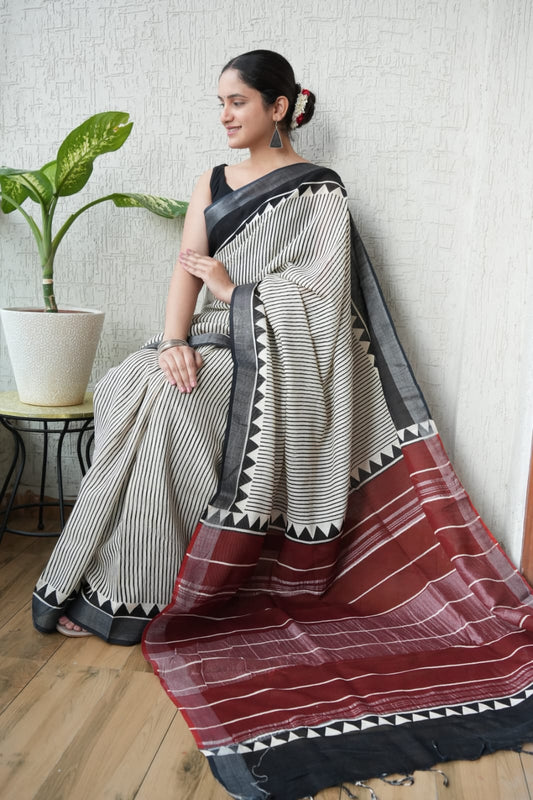 HAND BLOCK BLACK & WHITE PRINTED COTTON LINEN SAREE WITH BLOUSE  (LCS139)