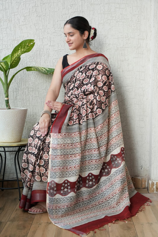 HAND BLOCK BLACK & WHITE PRINTED COTTON LINEN SAREE WITH BLOUSE  (LCS141)