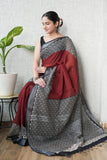 HAND BLOCK BLACK & WHITE PRINTED COTTON LINEN SAREE WITH BLOUSE  (LCS142)