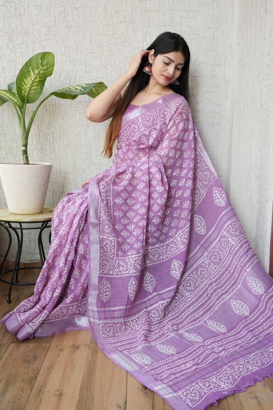 HAND BLOCK BLACK & WHITE PRINTED COTTON LINEN SAREE WITH BLOUSE  (LCS146)