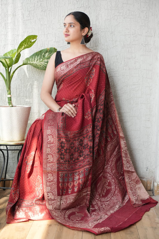AJRAKH PRINTED PURE DOLA SILK SAREE WITH BLOUSE (MS44)