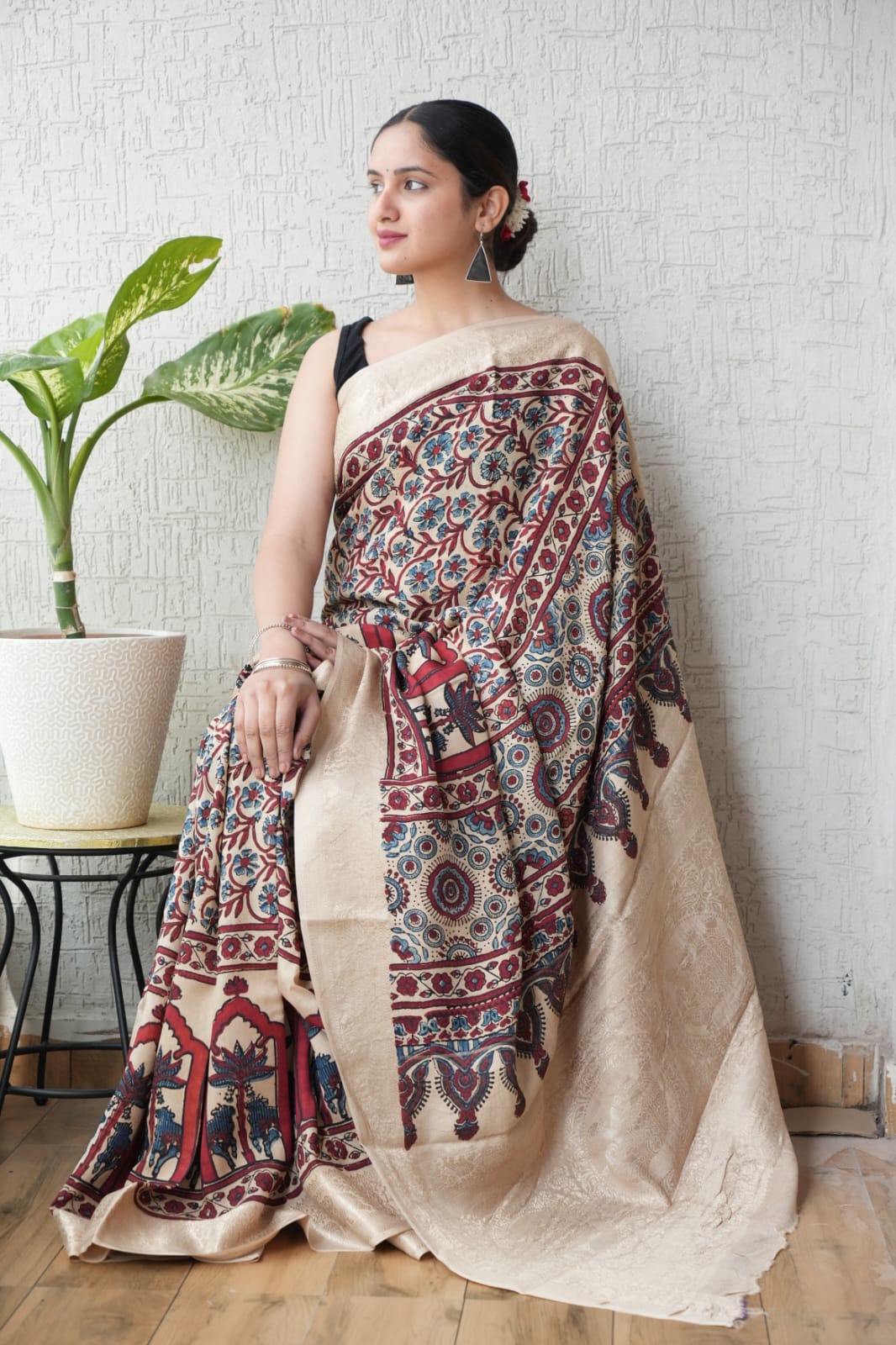 AJRAKH PRINTED PURE DOLA SILK SAREE WITH BLOUSE (MS46)