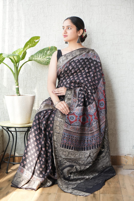 AJRAKH PRINTED PURE DOLA SILK SAREE WITH BLOUSE (MS48)