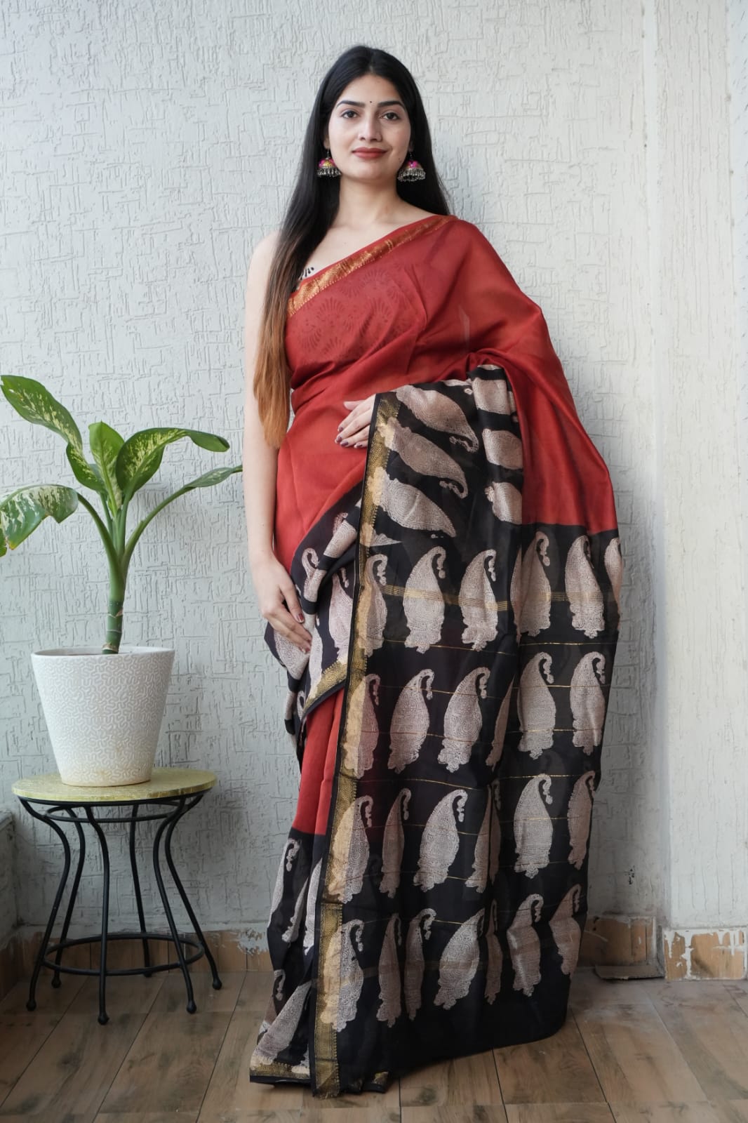 Jaipuri Hand Block Bagru Printed Maheshwari Silk Saree With Blouse (MSS133)