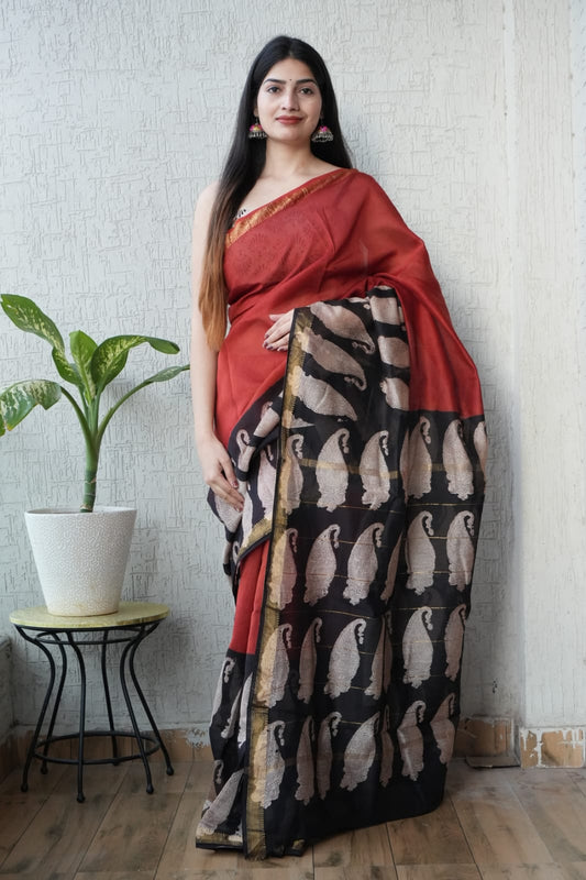 Jaipuri Hand Block Bagru Printed Maheshwari Silk Saree With Blouse (MSS133)