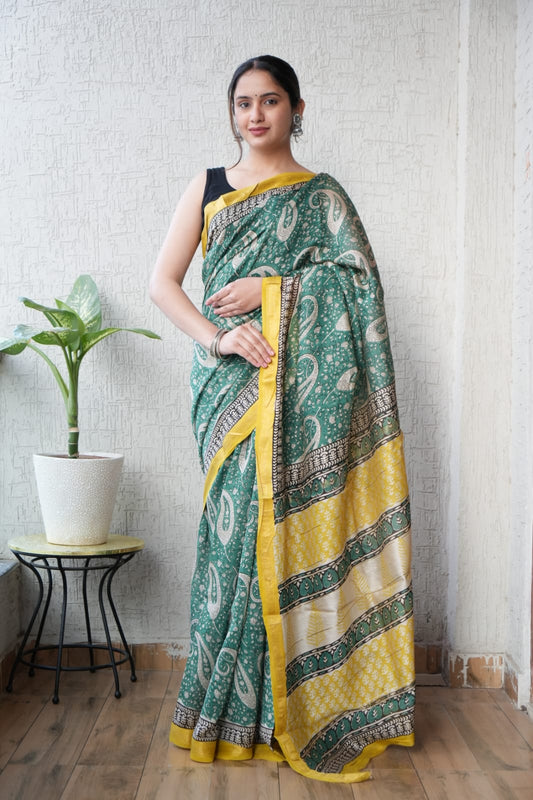 Jaipuri Hand Block Bagru Printed Maheshwari Silk Saree With Blouse (MSS136)
