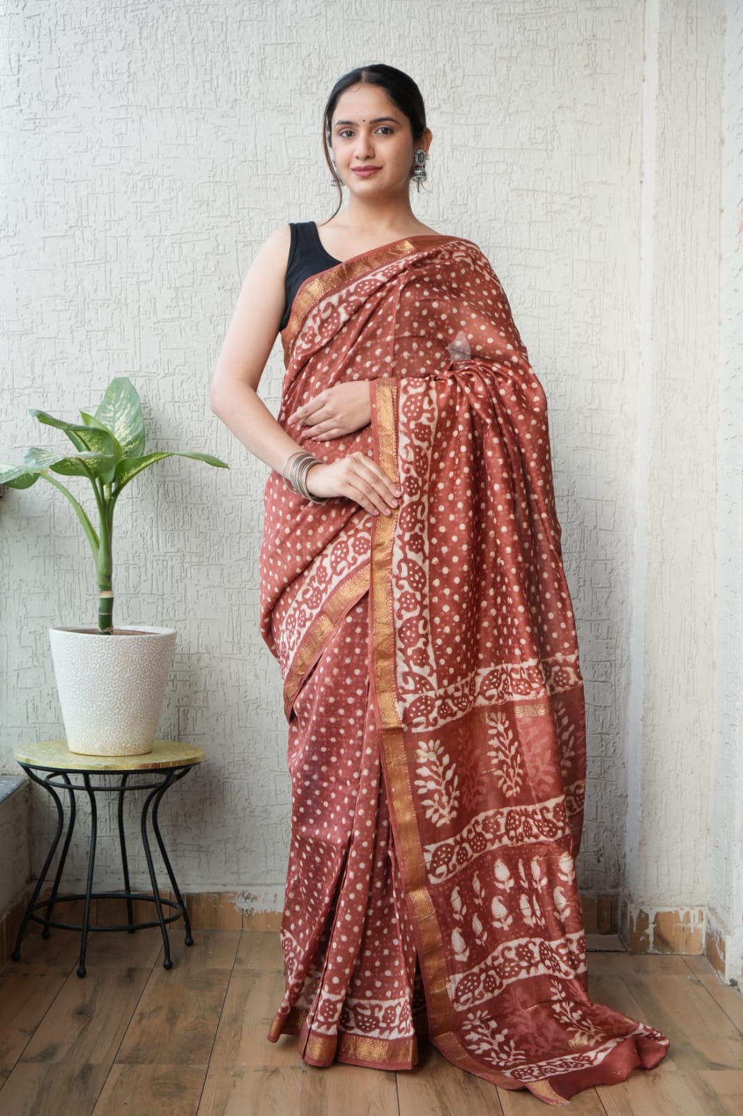 Jaipuri Hand Block Bagru Printed Maheshwari Silk Saree With Blouse (MSS138)