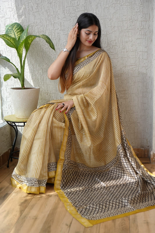 Jaipuri Hand Block Bagru Printed Maheshwari Silk Saree With Blouse (MSS144)