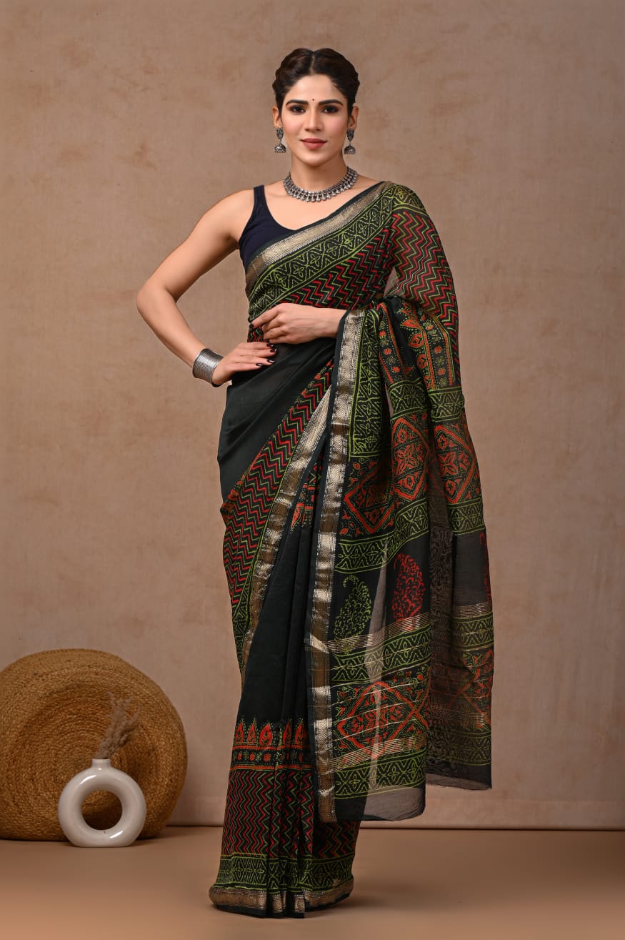 Jaipuri Hand Block Bagru Printed Maheshwari Silk Saree With Blouse (MSS146)