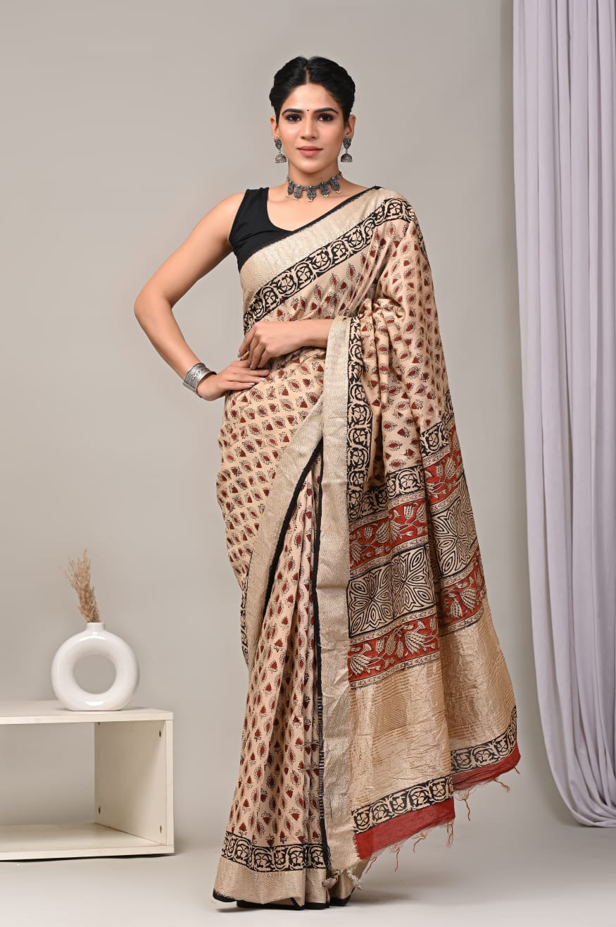HAND BLOCK BAGRU PRINTED ART SILK CHANDERI SAREE WITH BLOUSE  (CIH37)