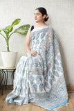 HAND BLOCK BLACK & WHITE PRINTED COTTON LINEN SAREE WITH BLOUSE  (LCS149)