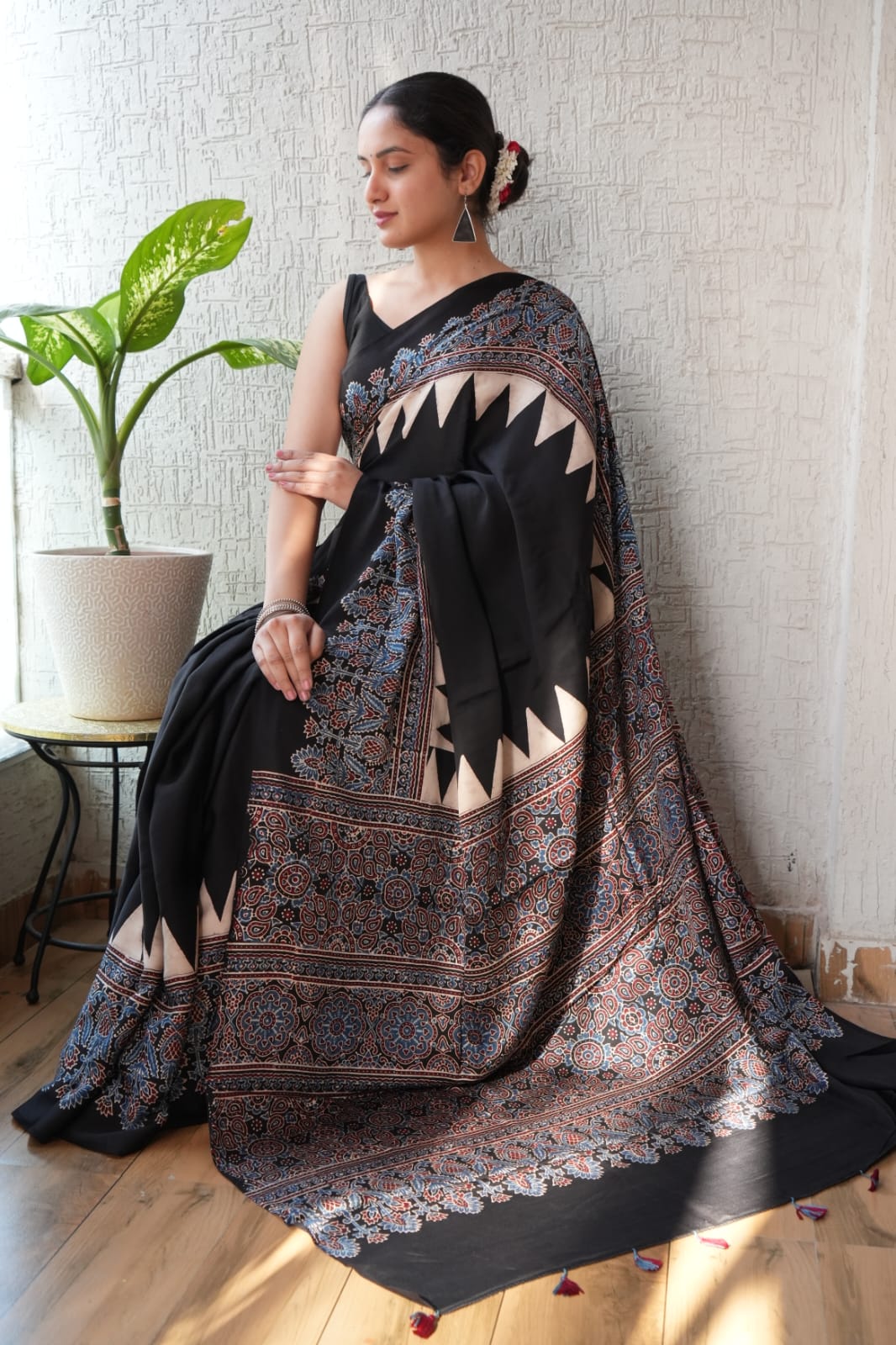 HAND BLOCK PRINTED AJRAKH MODAL SILK SAREE (CIG55)