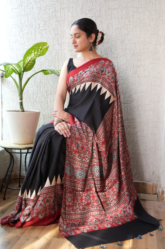 HAND BLOCK PRINTED AJRAKH MODAL SILK SAREE (CIG56)