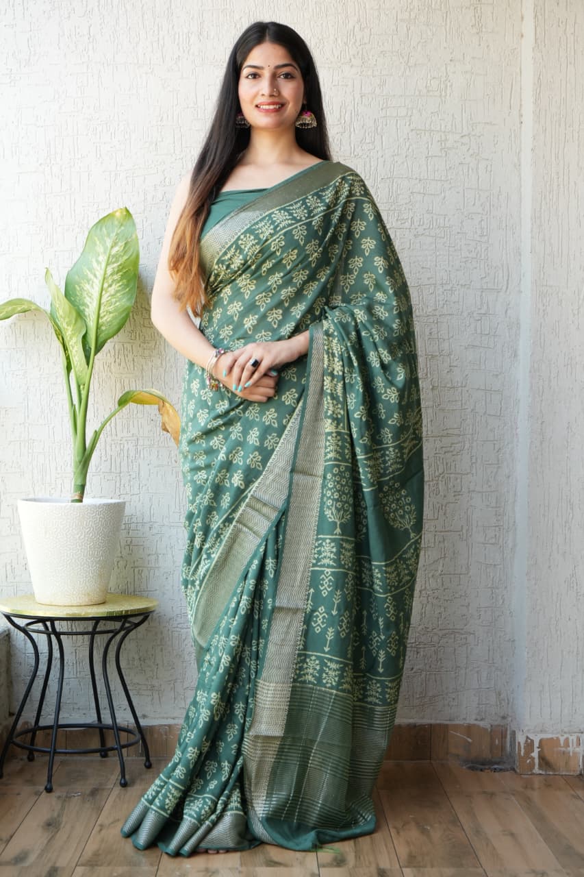 HAND BLOCK BAGRU PRINTED ART SILK CHANDERI SAREE WITH BLOUSE  (CIH41)