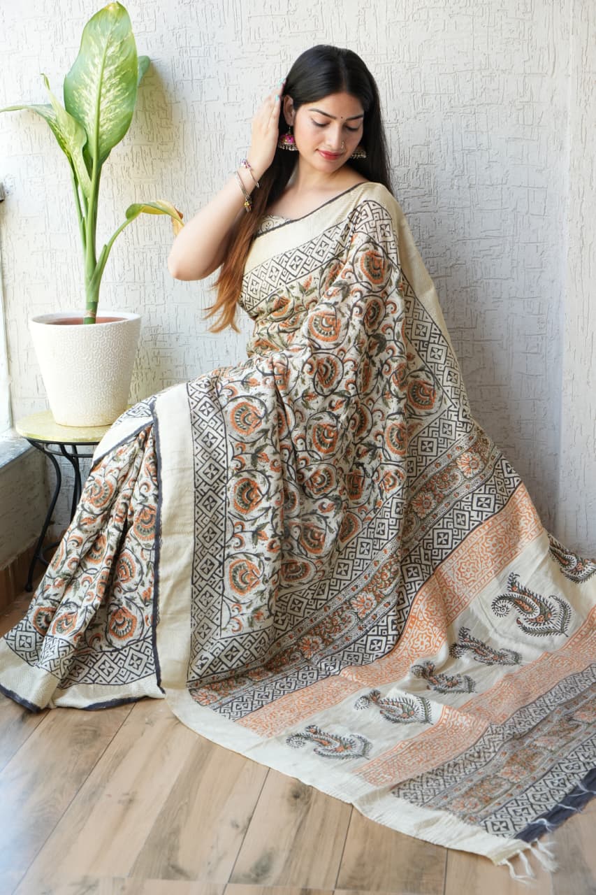 HAND BLOCK BAGRU PRINTED ART SILK CHANDERI SAREE WITH BLOUSE  (CIH43)