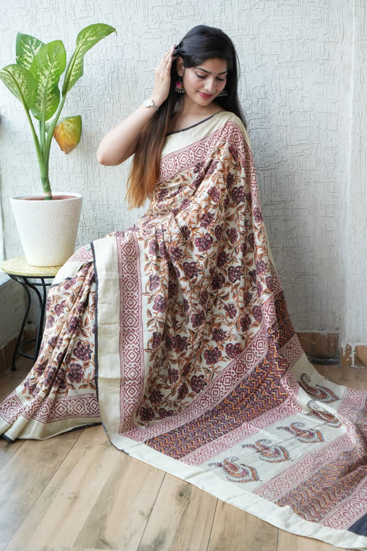 HAND BLOCK BAGRU PRINTED ART SILK CHANDERI SAREE WITH BLOUSE  (CIH44)
