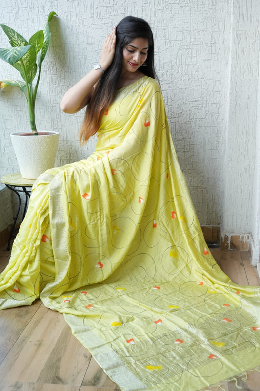 HAND BLOCK BAGRU PRINTED ART SILK CHANDERI SAREE WITH BLOUSE  (CIH48)