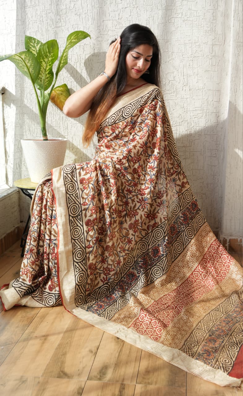 HAND BLOCK BAGRU PRINTED ART SILK CHANDERI SAREE WITH BLOUSE  (CIH50)