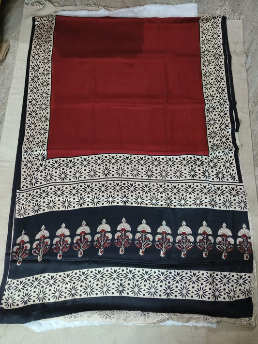 Ajrakh Hand Block Bagru Vanspati Printend Modal Silk Saree with Blouse (CID78)