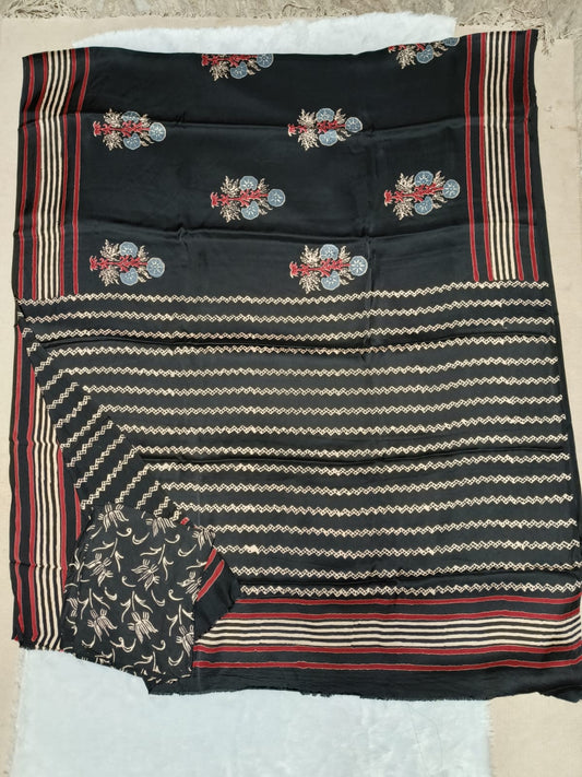 Ajrakh Hand Block Bagru Vanspati Printend Modal Silk Saree with Blouse (CID83)