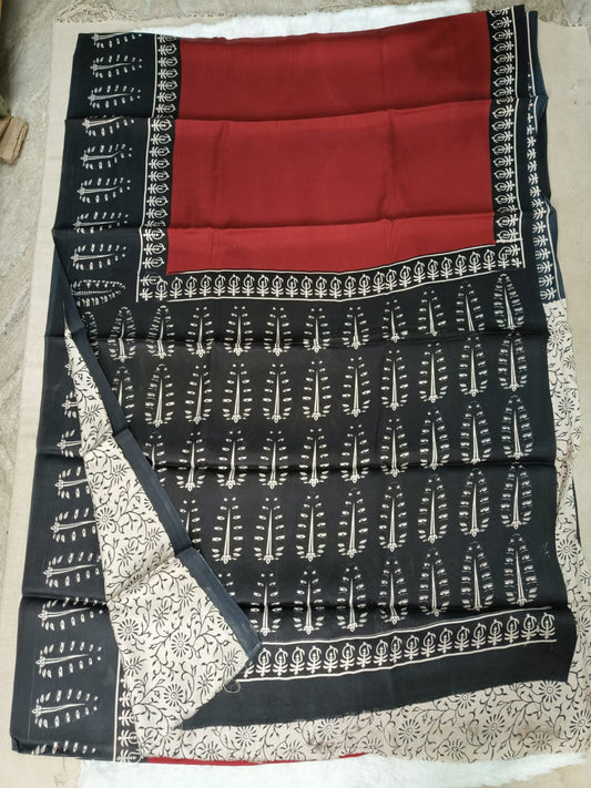 Ajrakh Hand Block Bagru Vanspati Printend Modal Silk Saree with Blouse (CID86)