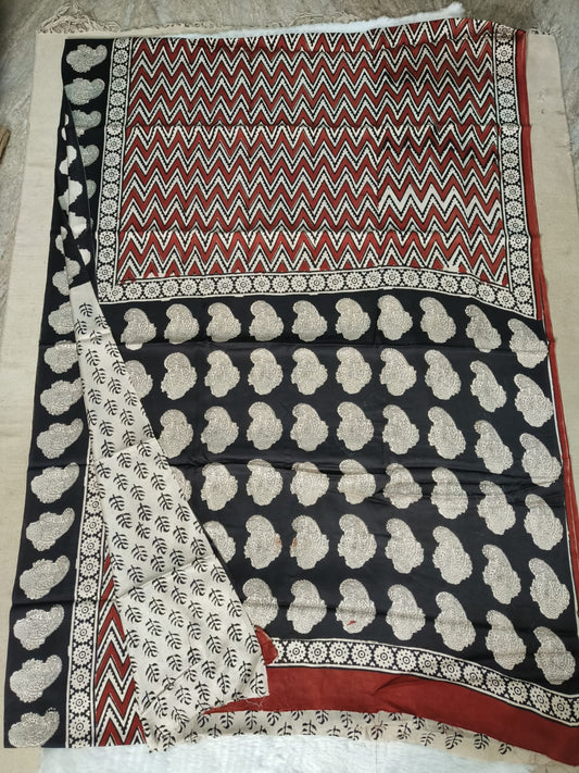 Ajrakh Hand Block Bagru Vanspati Printend Modal Silk Saree with Blouse (CID88)
