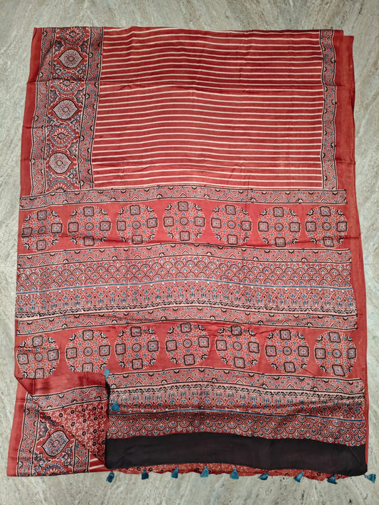 HAND BLOCK PRINTED AJRAKH MODAL SILK SAREE (CIG63)
