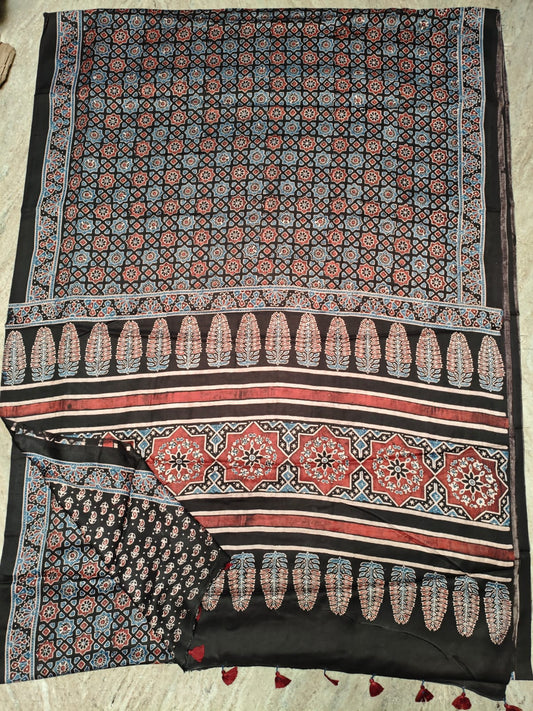 HAND BLOCK PRINTED AJRAKH MODAL SILK SAREE (CIG60)