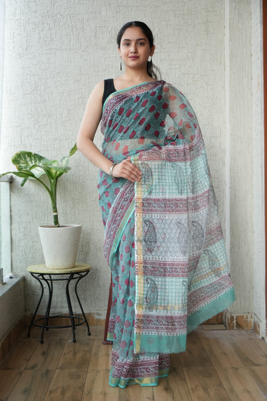 Jaipuri Block Printed Cotton Kota Doriya Saree (CIS98)
