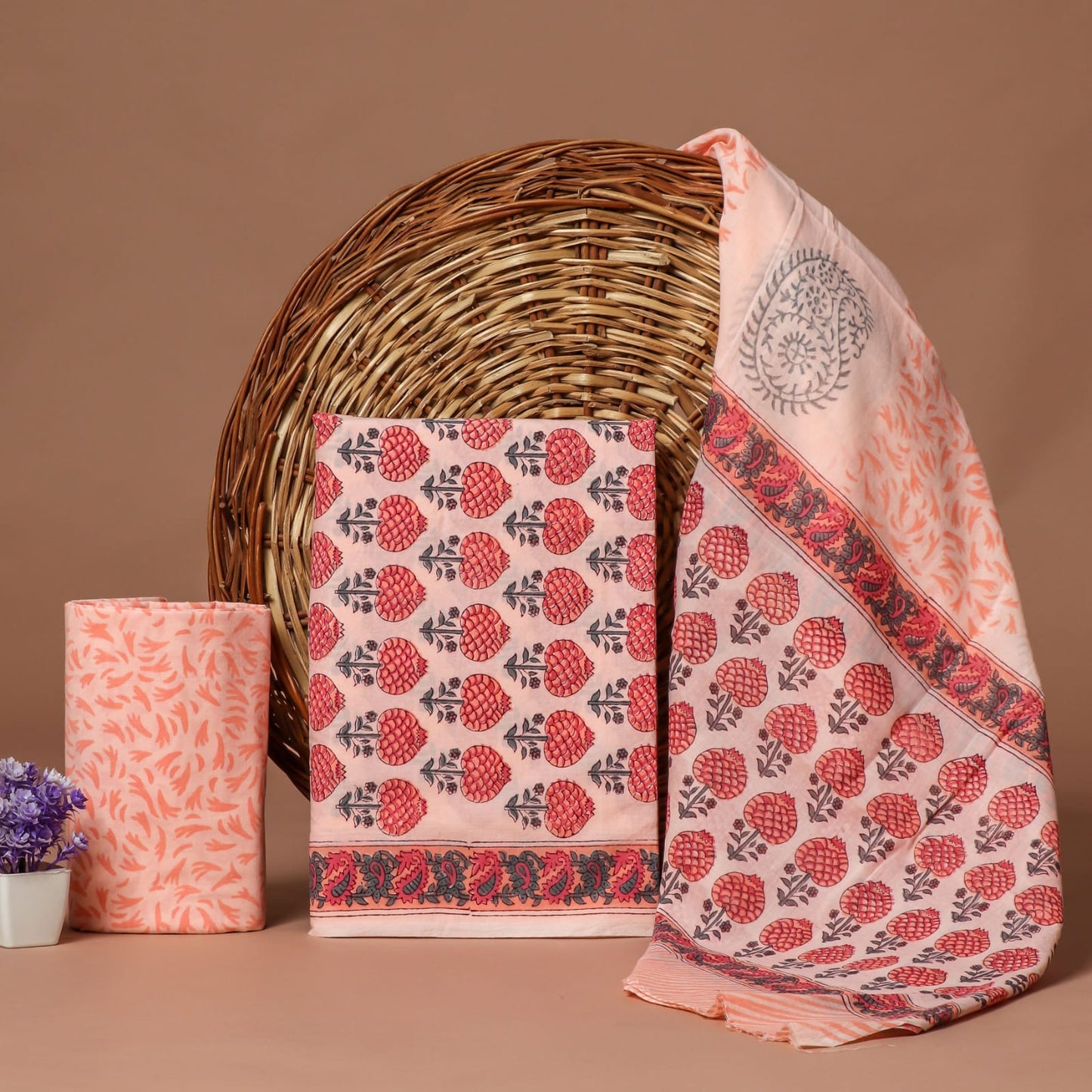 HAND BLOCK PRINTED COTTON 3-PIS SUIT WITH MULMUL DUPPATA (CMS70)