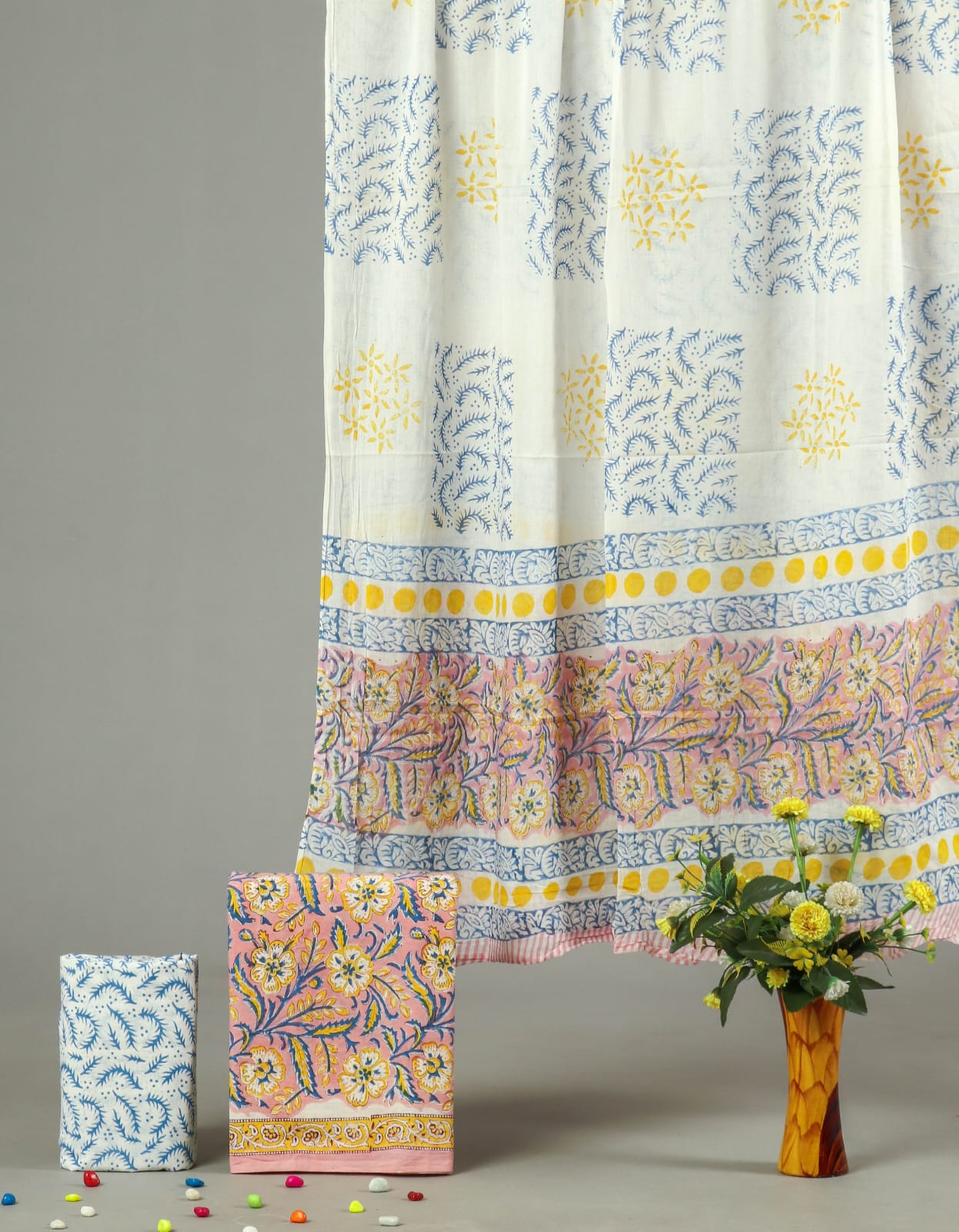 HAND BLOCK PRINTED COTTON 3-PIS SUIT WITH MULMUL DUPPATA (CMS80)