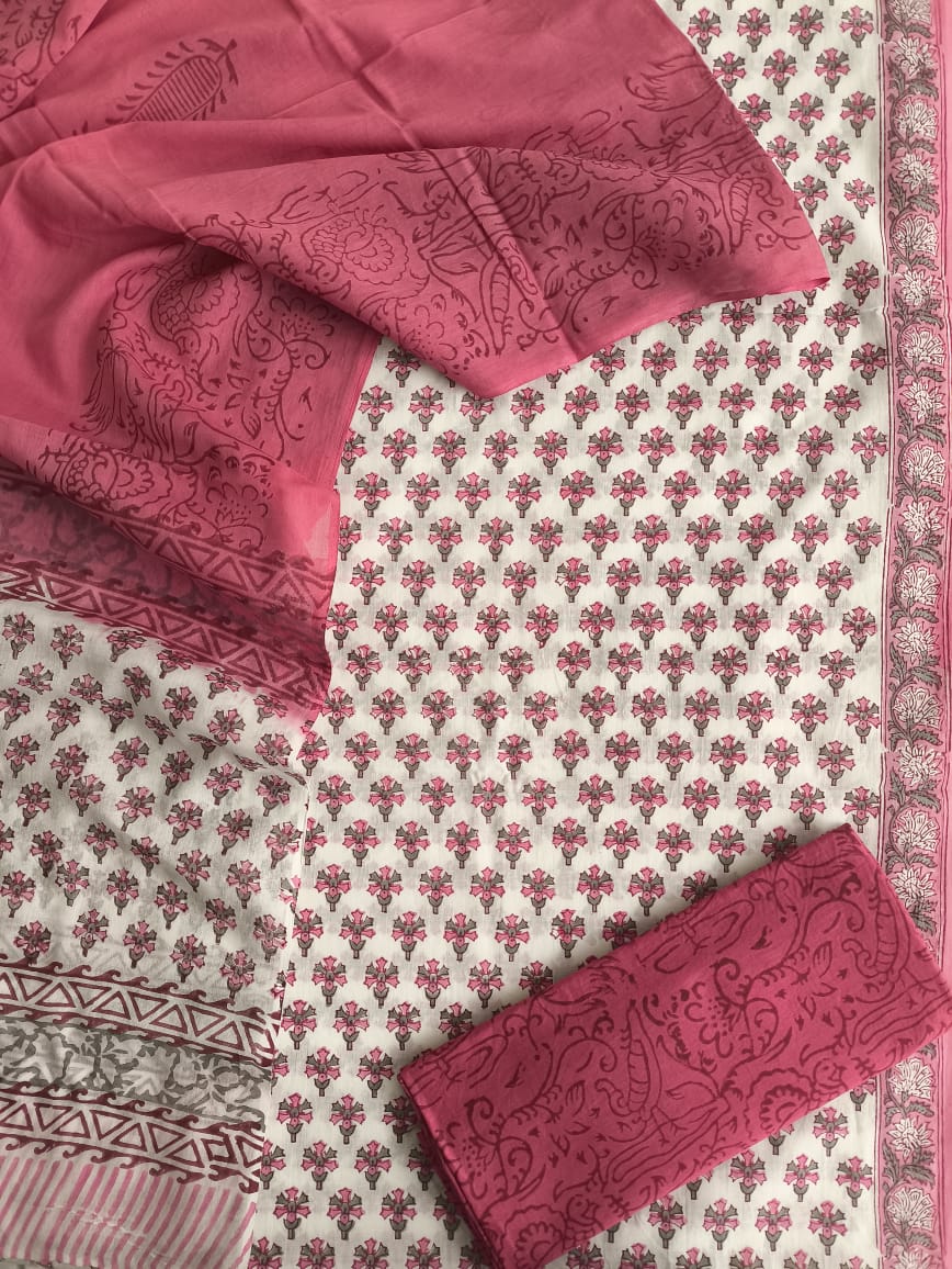 HAND BLOCK PRINTED COTTON 3-PIS SUIT WITH MULMUL DUPPATA (CMS82)