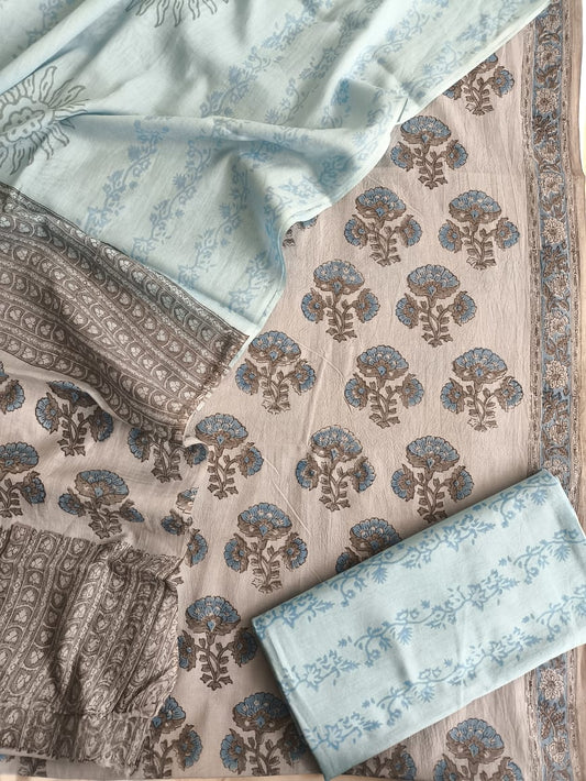 HAND BLOCK PRINTED COTTON 3-PIS SUIT WITH MULMUL DUPPATA (CMS83)