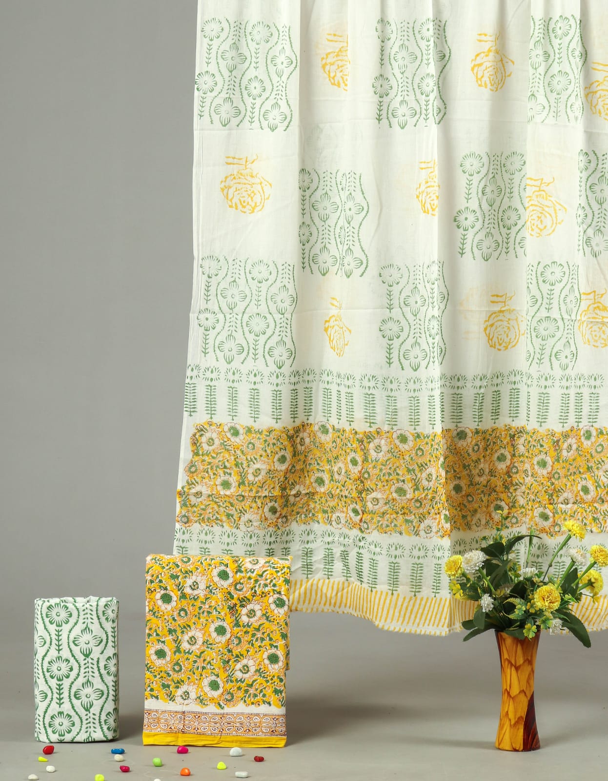 HAND BLOCK PRINTED COTTON 3-PIS SUIT WITH MULMUL DUPPATA (CMS99)