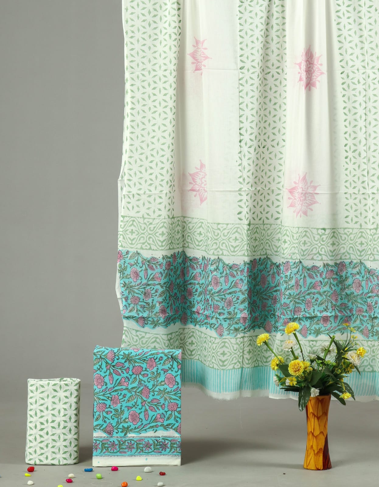 HAND BLOCK PRINTED COTTON 3-PIS SUIT WITH MULMUL DUPPATA (CMS108)