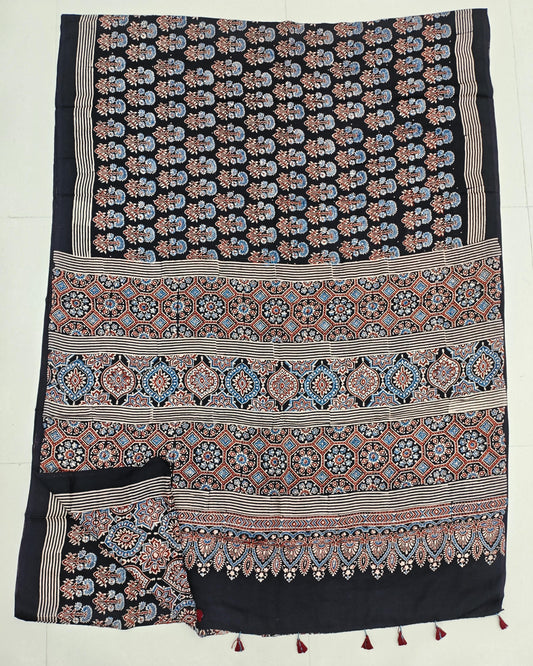 HAND BLOCK PRINTED AJRAKH MODAL SILK SAREE (CIG72)