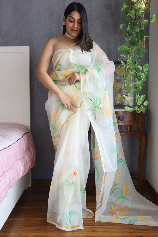 HAND BURSH PAINTED ORGANZA SILK SAREE WITH BLOUSE (CIB31)