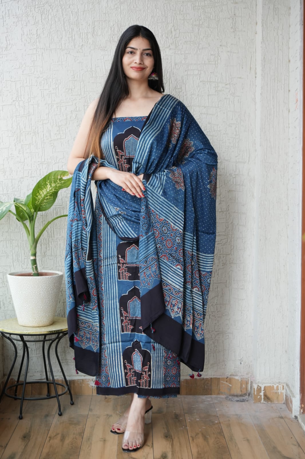 Vanaspati Ajrakh Hand Block Printed Suits Modal Silk Fabric (CIT75)