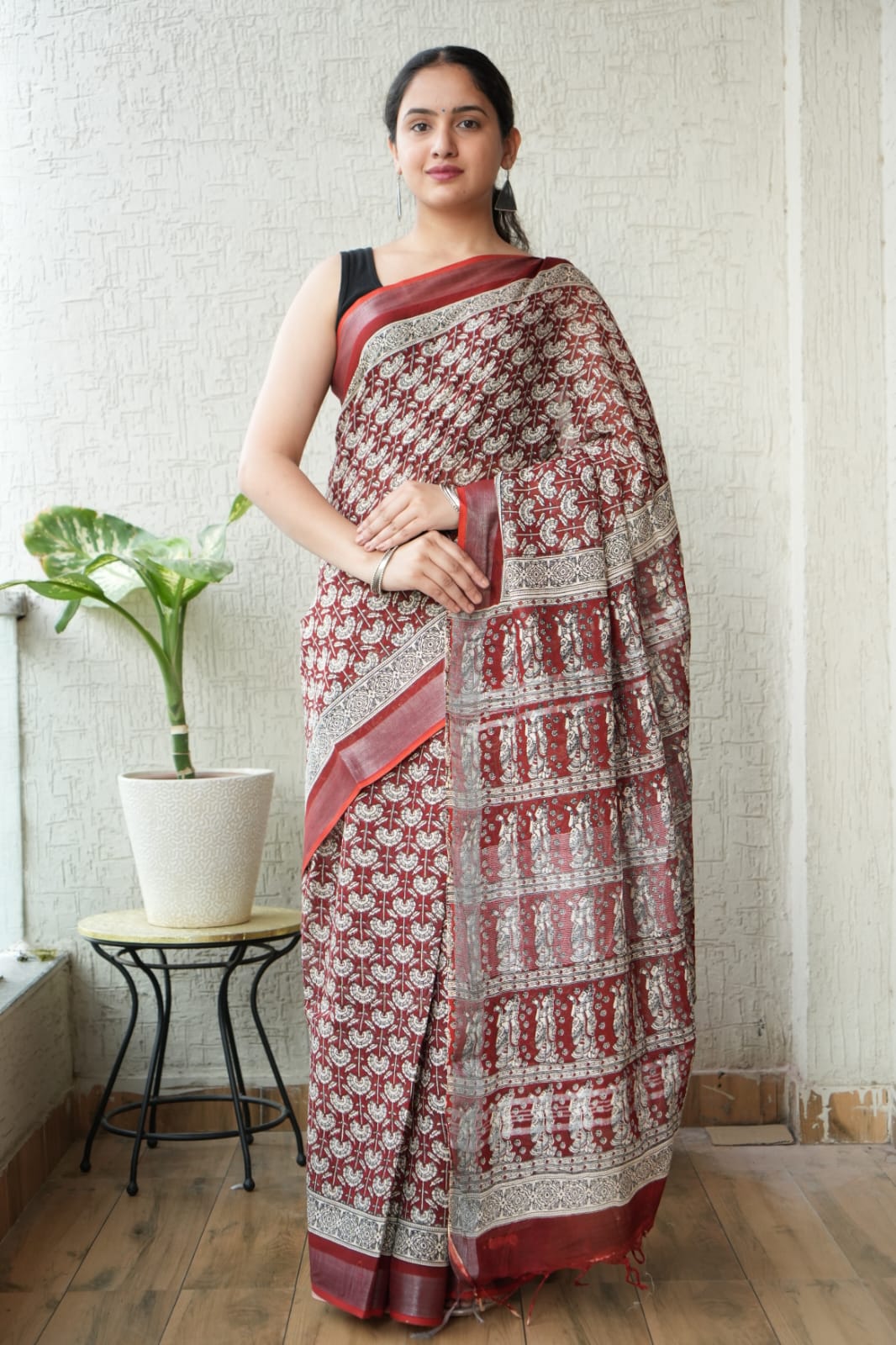 HAND BLOCK BLACK & WHITE PRINTED COTTON LINEN SAREE WITH BLOUSE  (LCS151)