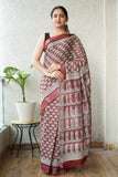 HAND BLOCK BLACK & WHITE PRINTED COTTON LINEN SAREE WITH BLOUSE  (LCS151)