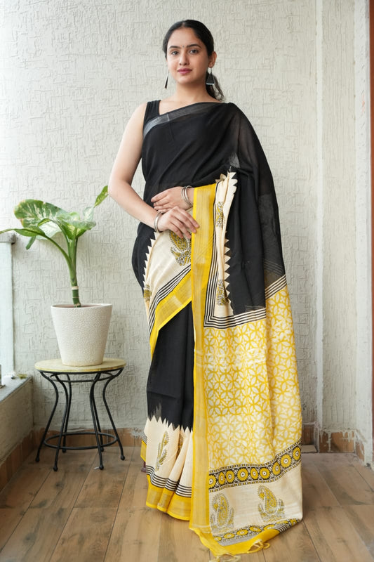 HAND BLOCK BLACK & WHITE PRINTED COTTON LINEN SAREE WITH BLOUSE  (LCS150)