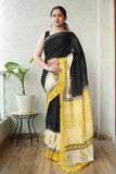 HAND BLOCK BLACK & WHITE PRINTED COTTON LINEN SAREE WITH BLOUSE  (LCS150)