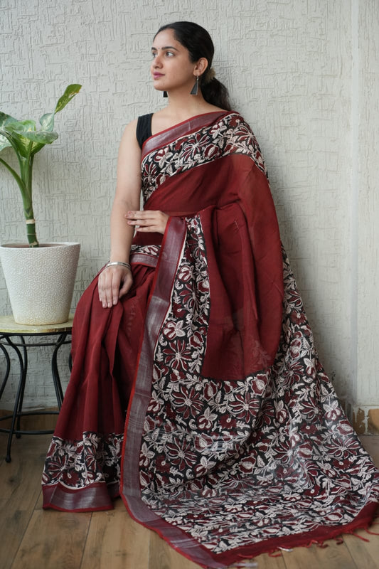 HAND BLOCK BLACK & WHITE PRINTED COTTON LINEN SAREE WITH BLOUSE  (LCS152)
