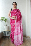 HAND BLOCK BLACK & WHITE PRINTED COTTON LINEN SAREE WITH BLOUSE  (LCS155)