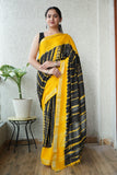 HAND BLOCK BLACK & WHITE PRINTED COTTON LINEN SAREE WITH BLOUSE  (LCS154)